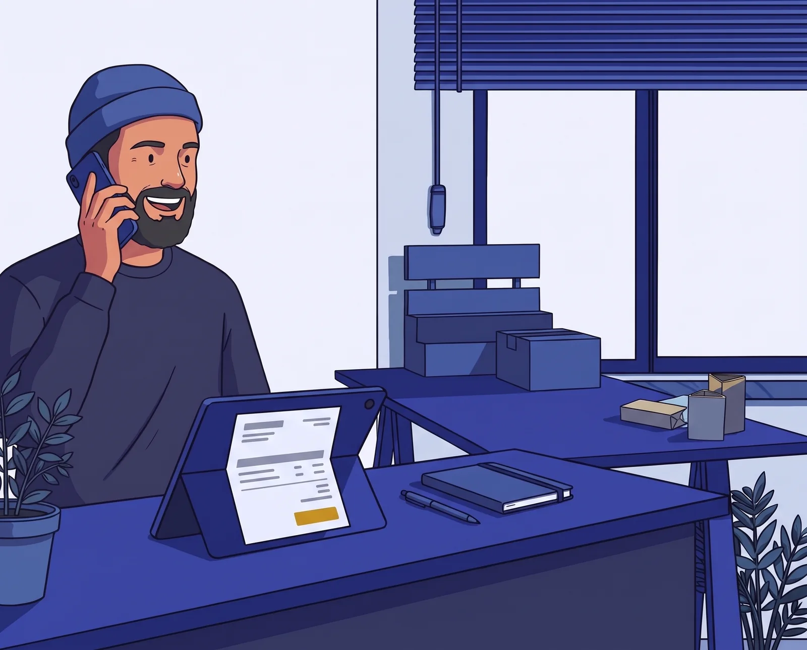 A small business owner on a phone call at his desk, with an invoice open on a tablet