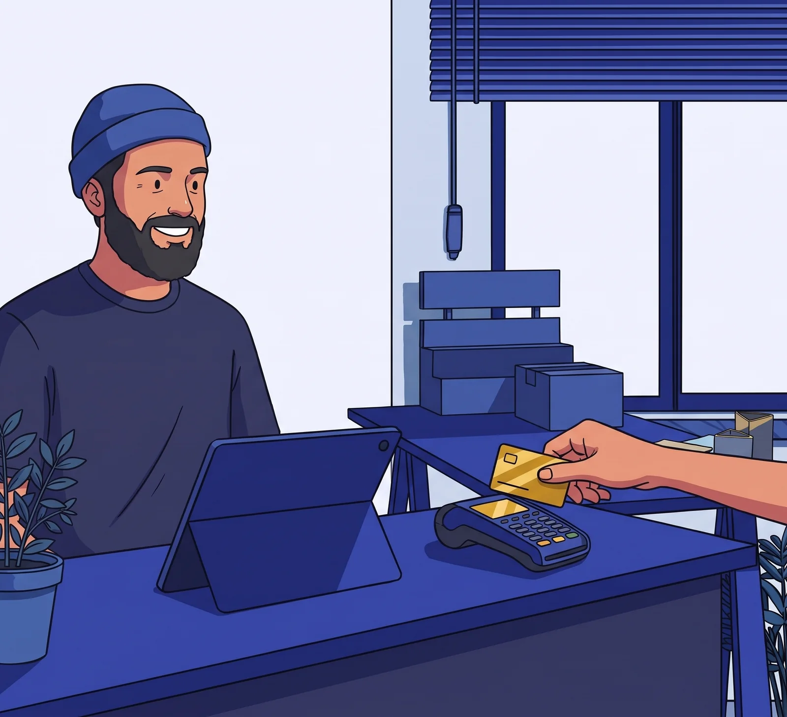 A shop owner behind the counter taking a card payment from a customer